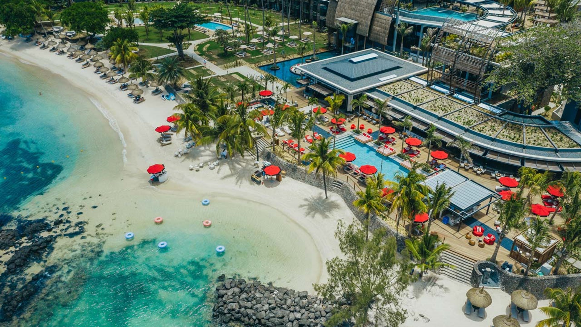 Aerial view of the beach & hotel at LUX* Grand Baie